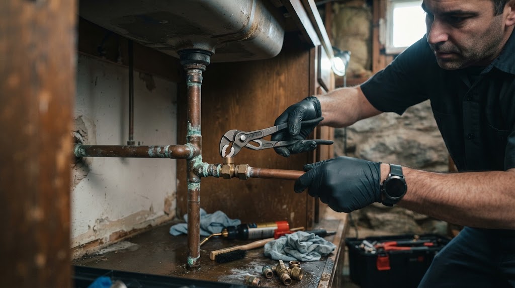 Pipe leak repair Long Branch NJ technician inspecting copper plumbing pipes with corrosion